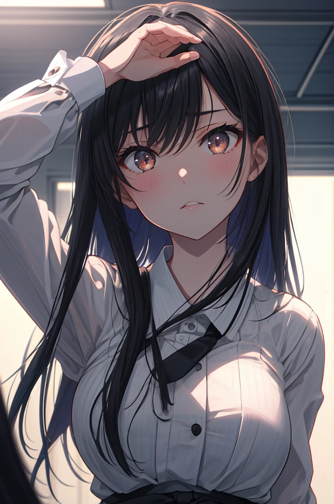 ((masterpiece)), (best quality), (ultra-detailed), 1girl, solo, Japanese high school girl, 17 years old, slender build, 160cm tall, long straight black hair to the waist, black almond-shaped eyes with a slight upward tilt, serious expression, detail lip, standing in the classroom, sunlight streaming through windows, holding textbooks and clipboard, confident posture, determined gaze, a hint of vulnerability in eyes, meticulous appearance, neatly styled hair, realistic fabric textures, soft lighting, depth of field, high contrast, cinematic composition, Rule of thirds composition, Noise-free clean image, High detail, 8K resolution, official art, Splash anime art, Smooth anime CG art, pixiv, Sequential art,