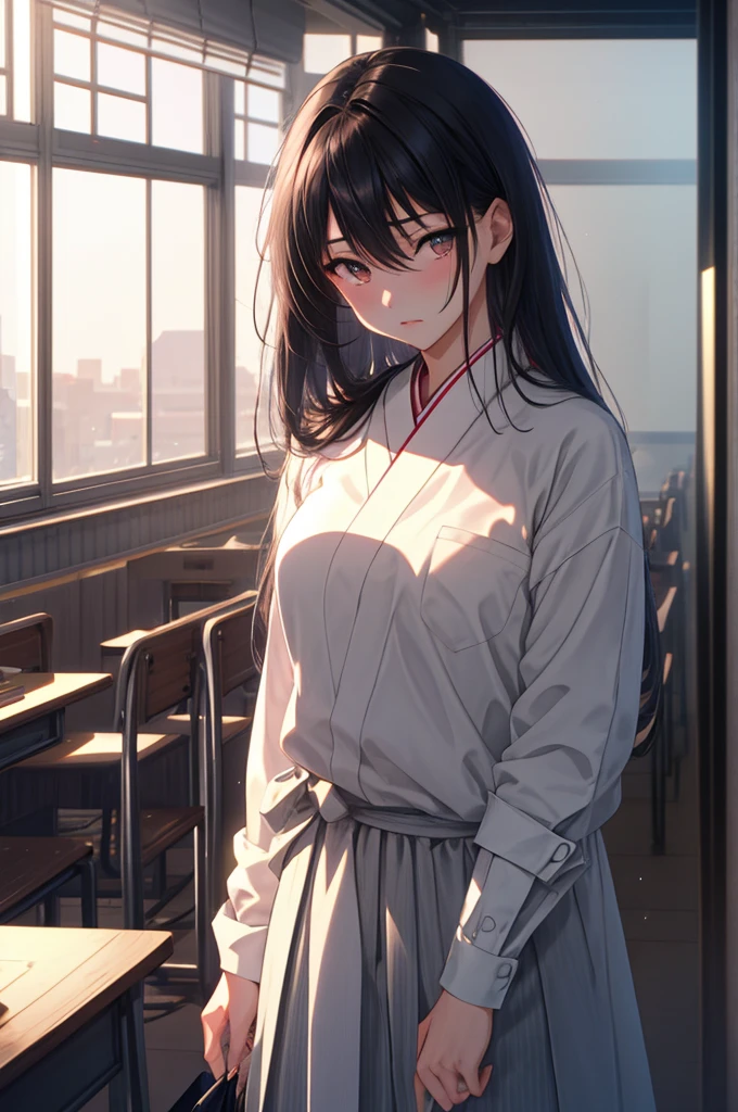 ((masterpiece)), (best quality), (ultra-detailed), 1girl, solo, Japanese high school girl, 17 years old, slender build, 160cm tall, long straight black hair to the waist, black almond-shaped eyes with a slight upward tilt, serious expression, detail lip, standing in the classroom, sunlight streaming through windows, holding textbooks and clipboard, confident posture, determined gaze, a hint of vulnerability in eyes, meticulous appearance, neatly styled hair, realistic fabric textures, soft lighting, depth of field, high contrast, cinematic composition, Rule of thirds composition, Noise-free clean image, High detail, 8K resolution, official art, Splash anime art, Smooth anime CG art, pixiv, Sequential art,
