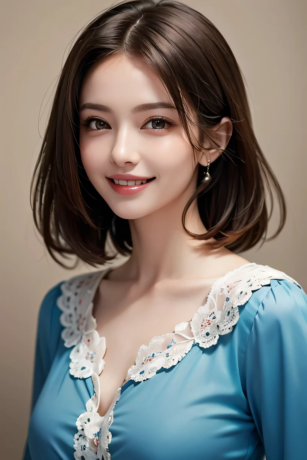 ((masterpiece)), ((Highest quality)), ((Complex)), ((Surreal)), (Realistic), (Mature Woman), ((There are no classes)), Very detailed, (1 female), Beautiful and exquisite, (Beautiful Teeth), Grin, Brunette bob hair, Brown eyes, ((blouse)), (Upper Body), (background:none), Perfect Eyes, Captivating eyes, Looking at the audience