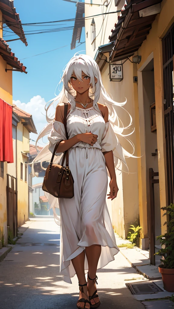 Woman with tanned skin and long white hair in bright clothes