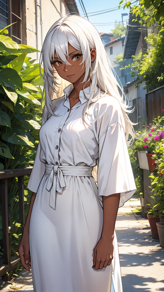 Woman with tanned skin and long white hair in bright clothes