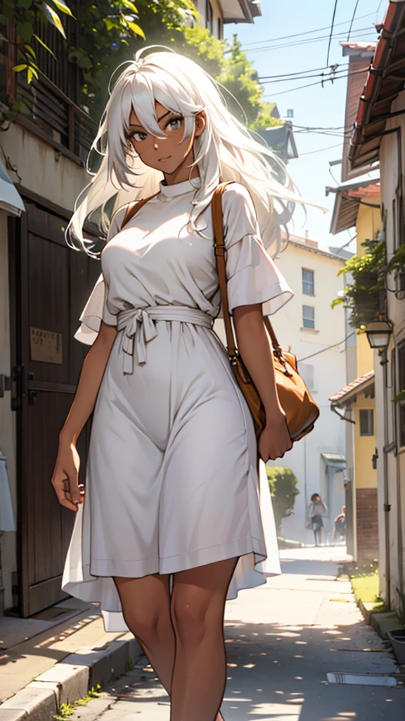 Woman with tanned skin and long white hair in bright clothes

