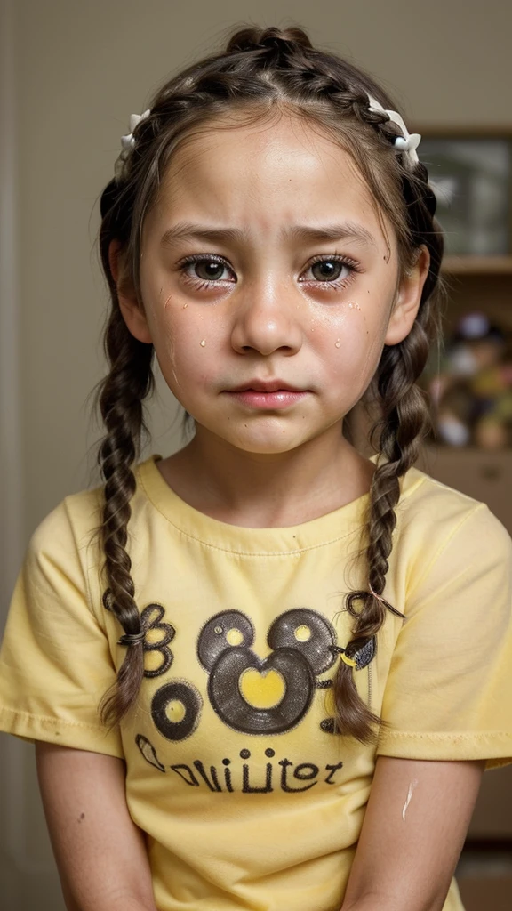 Face of a beautiful 5 year old girl, white skin, brown eyes, black hair with braids, extremely sad and melancholic, eyes watering a lot, crying expression, crying a lot, large tears prominent. yellow shirt with children's design