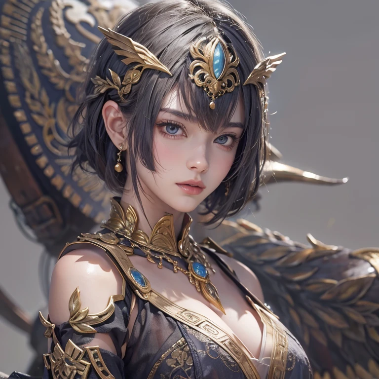 Woman in ancient battle attire、Serious expression、Short-haired、Deadly position, Gorgeous Necklace, scale skin:1.5, Enchanting anime girl, Beautiful and seductive woman, Realistic and perfect body, Perfect body with realistic shadows, Woman with reptilian eyes：1.5、8K