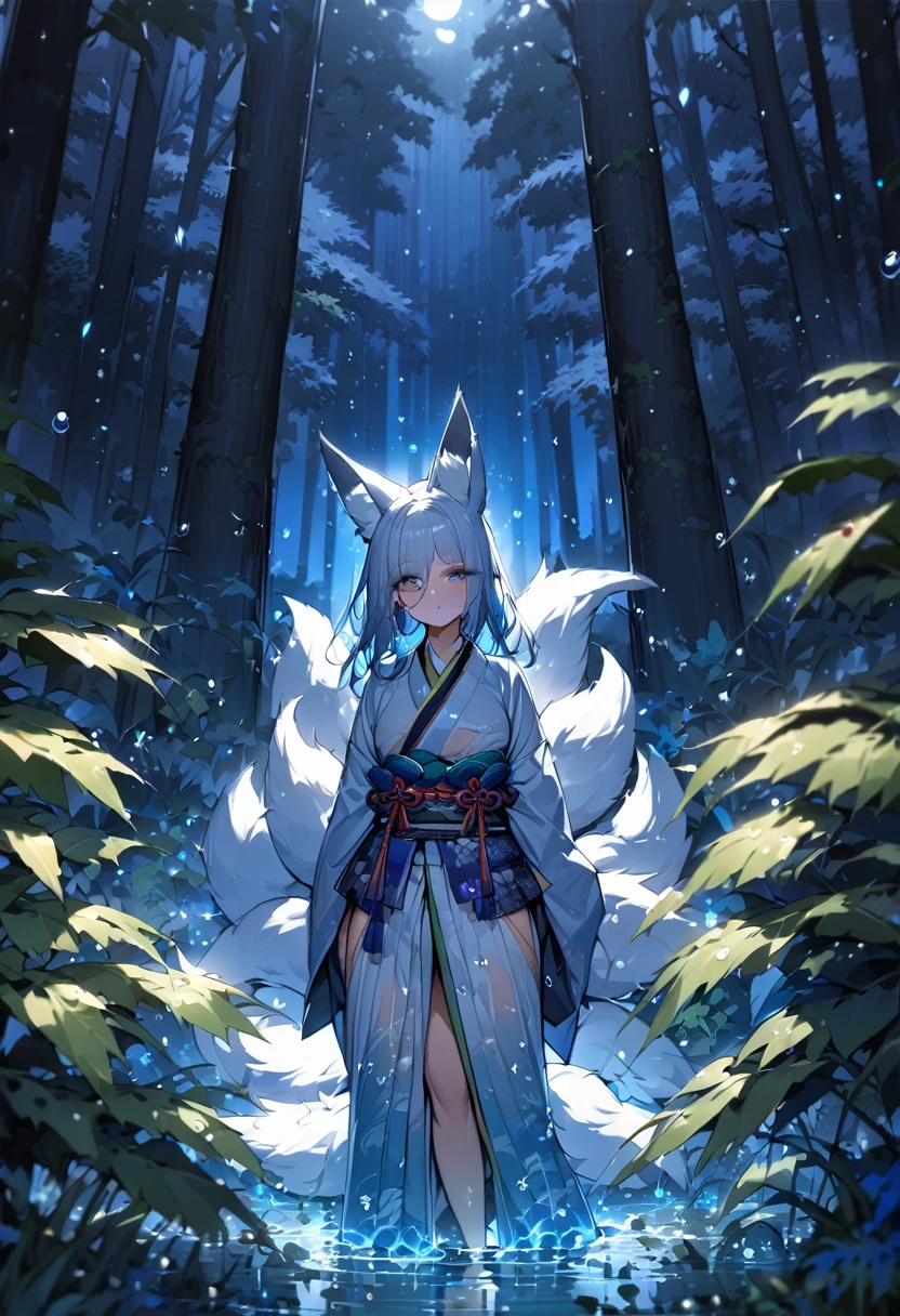 Masterpiece, Extremely detailed, close distance shot, (A beautiful kitsune woman peering through the leaves in a dense forest), facing viewer, dynamic pose , fox ears, nine fox tails, traditional Japanese clothing. Japanese sandels, (aura of blue fire:0.5) , (vegetation in the forground, water droplets on leaves, subject partially obscured by vegetation:1.3 ) , moonlit night