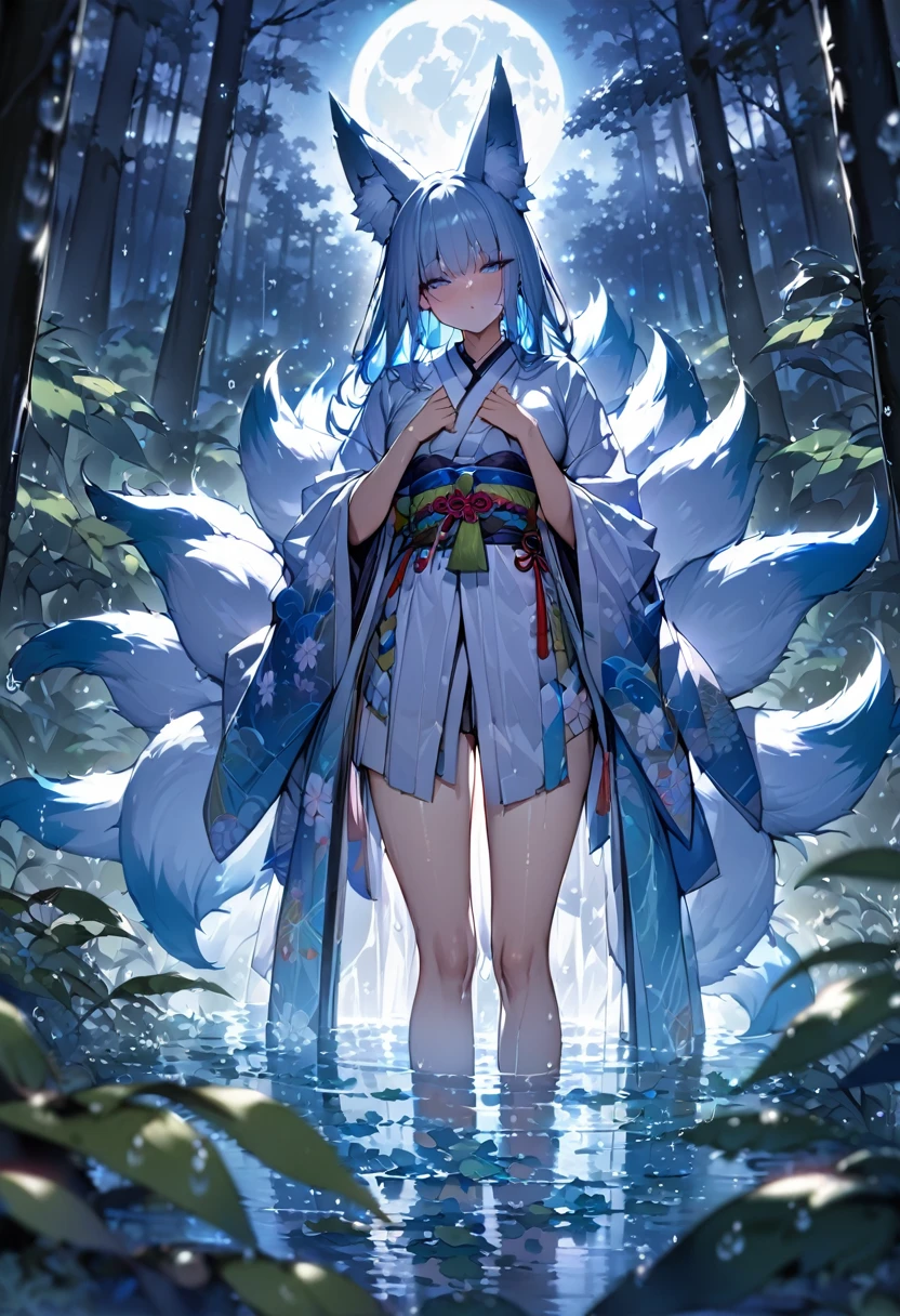 Masterpiece, Extremely detailed, close distance shot, (A beautiful kitsune woman peering through the leaves in a dense forest), facing viewer, dynamic pose , fox ears, nine fox tails, traditional Japanese clothing. Japanese sandels, (aura of blue fire:0.5) , (vegetation in the forground, water droplets on leaves, subject partially obscured by vegetation:1.3 ) , moonlit night