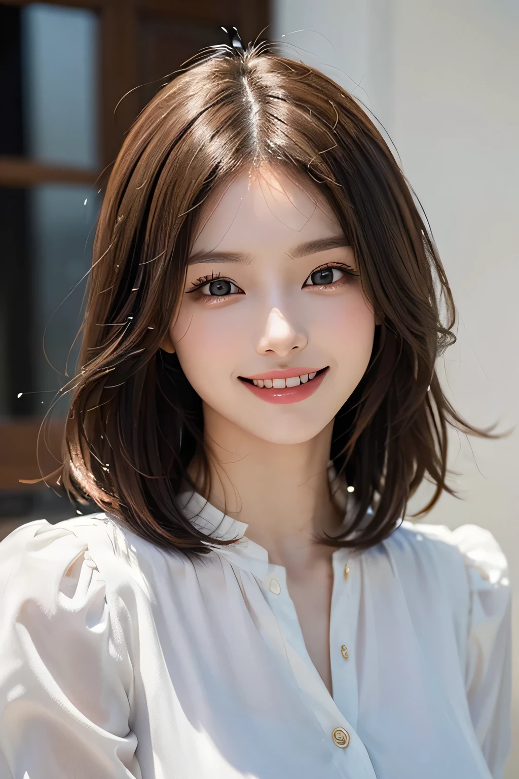 ((masterpiece)), ((Highest quality)), ((Complex)), ((Surreal)), (Realistic), (Mature Woman), ((There are no classes)), Very detailed, (1 female), Beautiful and exquisite, (Beautiful Teeth), Grin, Brunette bob hair, Brown eyes, ((blouse)), (Upper Body), (background:none), Perfect Eyes, Captivating eyes, Looking at the audience