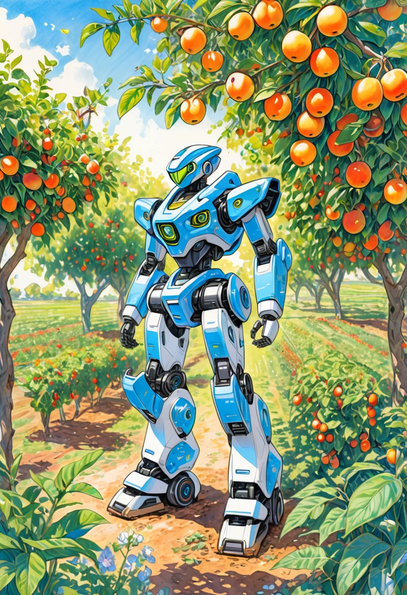 A colored pencil sketch of a organic plant based robot working in a fruit orchard. It is bright sunny romanitic and idealist sketch of furture were the land and tecknology ar in harmony in a archeofuturistic vision. covered in earth and birt with vegetation growing and intwining around the robot