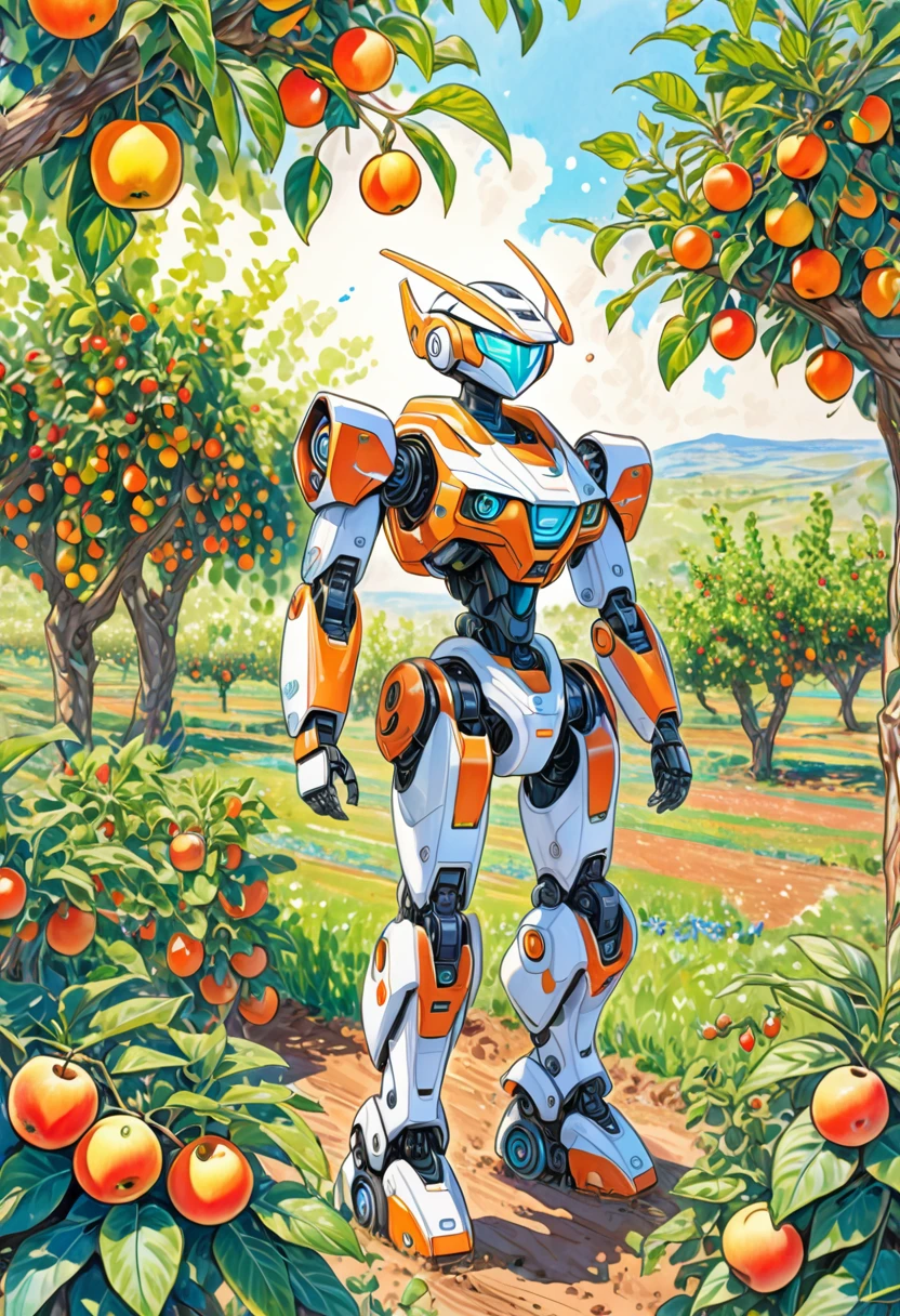 A colored pencil sketch of a organic plant based robot working in a fruit orchard. It is bright sunny romanitic and idealist sketch of furture were the land and tecknology ar in harmony in a archeofuturistic vision. covered in earth and birt with vegetation growing and intwining around the robot