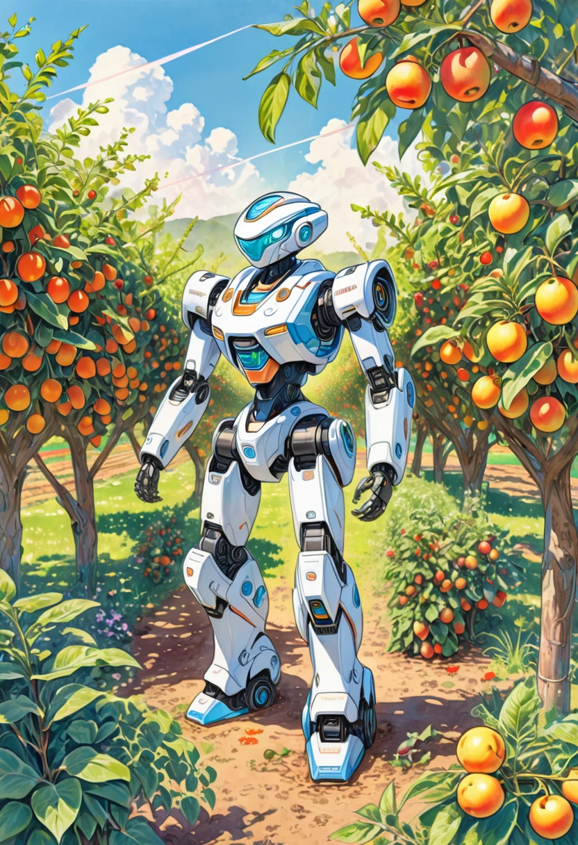 A colored pencil sketch of a organic plant based robot working in a fruit orchard. It is bright sunny romanitic and idealist sketch of furture were the land and tecknology ar in harmony in a archeofuturistic vision. covered in earth and birt with vegetation growing and intwining around the robot