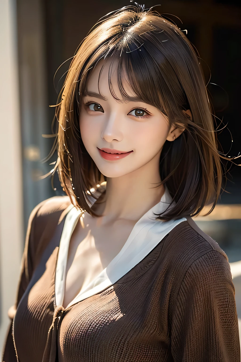 ((masterpiece)), ((Highest quality)), ((Complex)), ((Surreal)), (Realistic), (Mature Woman), ((There are no classes)), Very detailed, (1 female), Beautiful and exquisite, (Beautiful Teeth), Grin, Brunette bob hair, Brown eyes, ((blouse)), (Upper Body), (background:none), Perfect Eyes, Captivating eyes, Looking at the audience