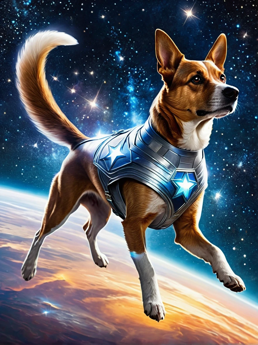 A superhero dog flying into space, armored with a shiny metallic suit, eyes glowing with courage, and a long flowing tail. The vast cosmos expands beyond, filled with countless stars and swirling nebulae. Its paws are extended forward, reaching out into the unending expanse of the universe. A trail of sparkles shines behind it as stardust clings to its fur, illuminating the path it has traversed.