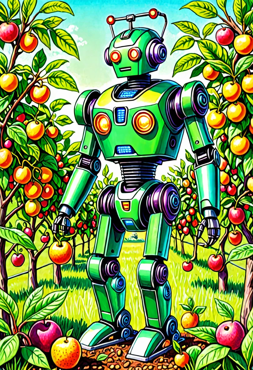 A colored pencil sketch of a organic plant based robot working in a fruit orchard. It is bright sunny romanitic and idealist sketch of furture were the land and tecknology ar in harmony in a archeofuturistic vision. covered in earth and birt with vegetation growing and intwining around the robot
