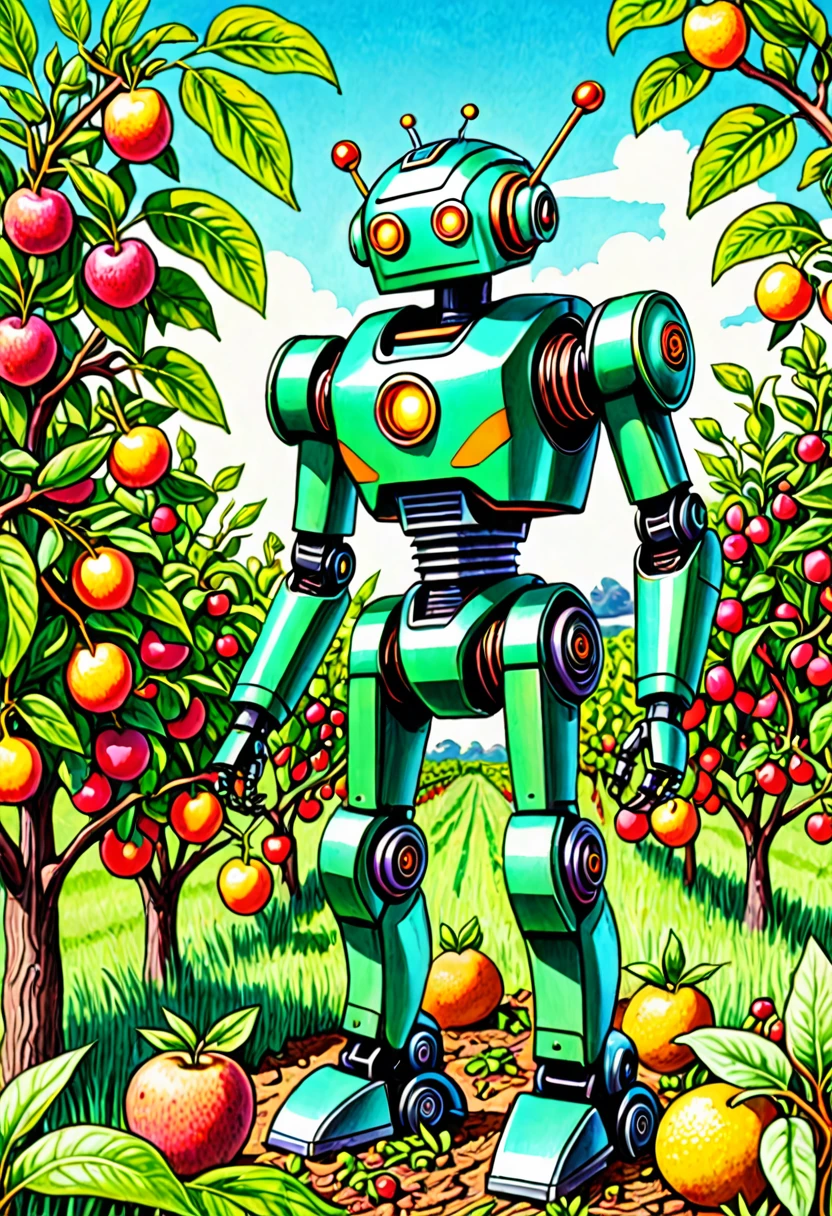 A colored pencil sketch of a organic plant based robot working in a fruit orchard. It is bright sunny romanitic and idealist sketch of furture were the land and tecknology ar in harmony in a archeofuturistic vision. covered in earth and birt with vegetation growing and intwining around the robot
