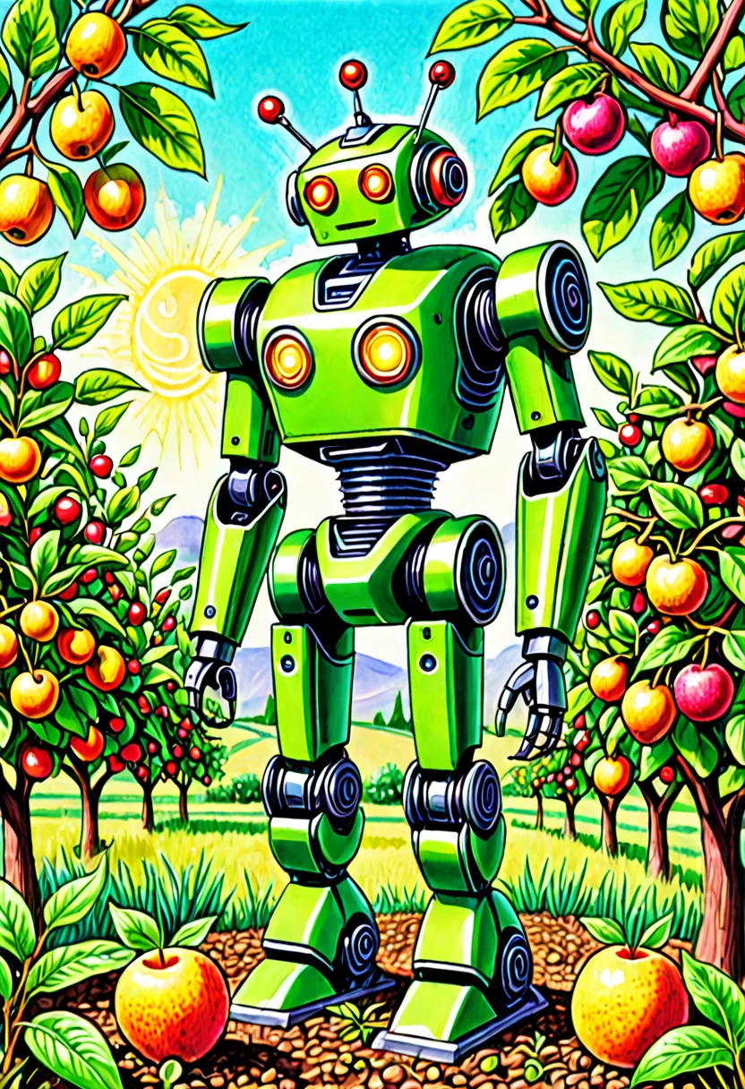 A colored pencil sketch of a organic plant based robot working in a fruit orchard. It is bright sunny romanitic and idealist sketch of furture were the land and tecknology ar in harmony in a archeofuturistic vision. covered in earth and birt with vegetation growing and intwining around the robot
