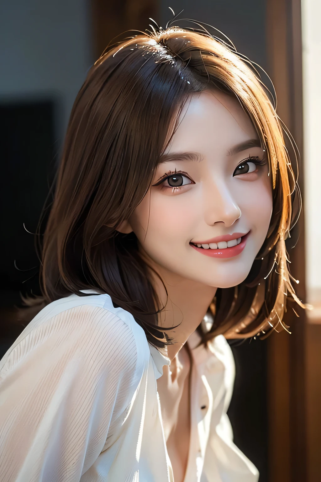 ((masterpiece)), ((Highest quality)), ((Complex)), ((Surreal)), (Realistic), (Mature Woman), ((There are no classes)), Very detailed, (1 female), Beautiful and exquisite, (Beautiful Teeth), Grin, Brunette bob hair, Brown eyes, ((blouse)), (Upper Body), (background:none), Perfect Eyes, Captivating eyes, Looking at the audience
