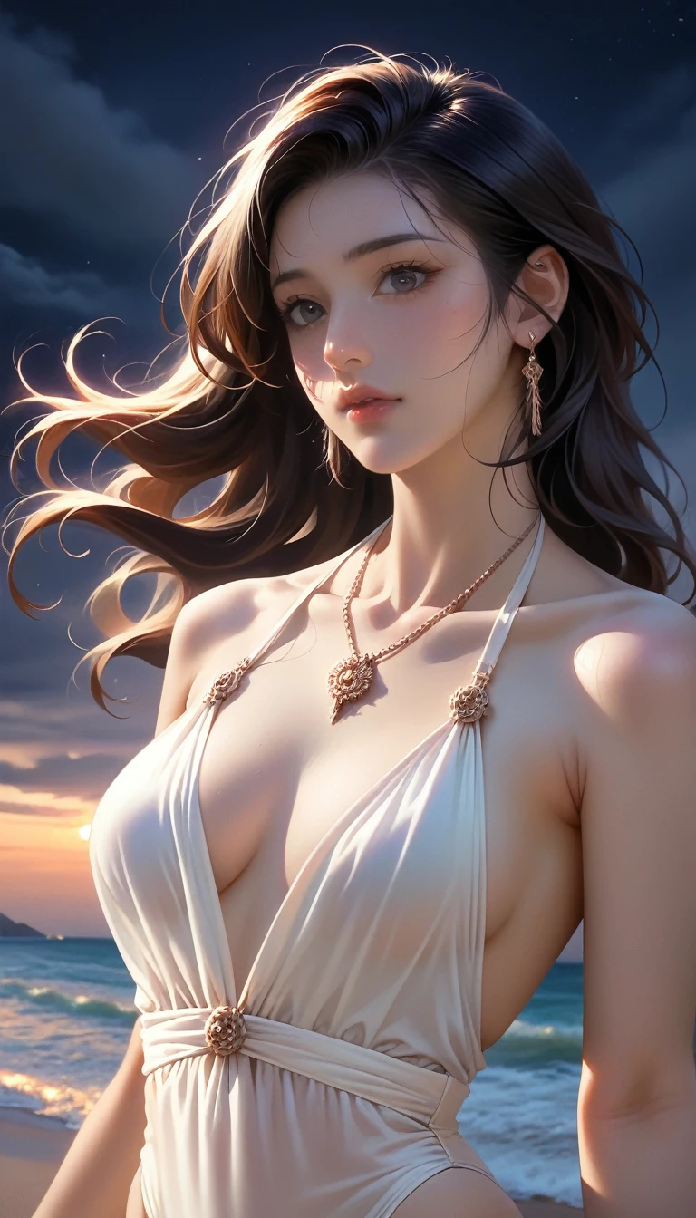 score_9, score_8_superior, score_7_superior,
Masterpieces with up to 16K resolution,Highest quality,it is really amazing,Very detailed,Ultra-high resolution,Real,Realistic,Increased depth of field,Cinematic lighting,
1 sexy japanese mature,
Long black hair,Ultra-detailed and beautiful faces,Translucent white skin,Very detailedな肌の質感,Slender body,Anatomically correct body,
(Elegant swimwear:1.2),
Artistic design,Beautiful and detailed pattern,Detailed fabric texture, Gorgeous necklace,Earrings,
(Coastal scenery at night:1.2),
Dark Clouds,Dark Sky,delay々Continuing sandy beach, Deserted Beach,Dark sea surface,
(Face close-up:1.2),
