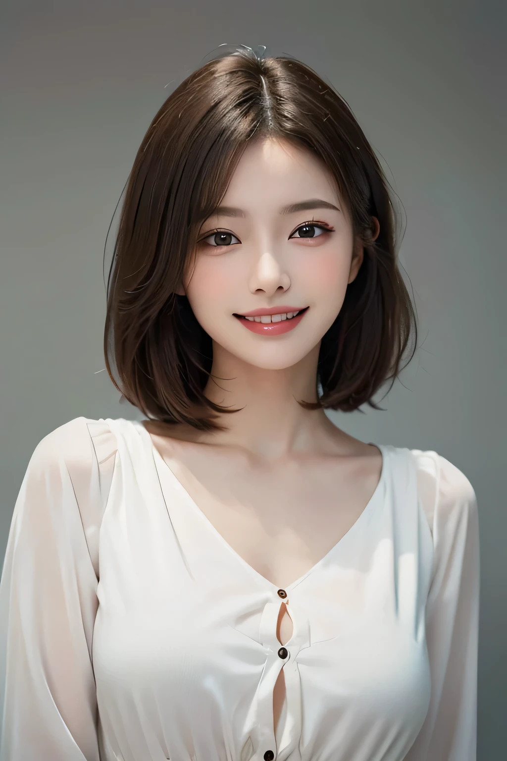 ((masterpiece)), ((Highest quality)), ((Complex)), ((Surreal)), (Realistic), (Mature Woman), ((There are no classes)), Very detailed, (1 female), Beautiful and exquisite, (Beautiful Teeth), Grin, Brunette bob hair, Brown eyes, ((blouse)), (Upper Body), (background:none), Perfect Eyes, Captivating eyes, Looking at the audience