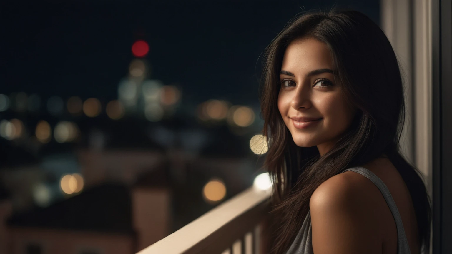 A hyper-realistic photography of a sunny day time of a beautiful caucasian Latina woman, dressed in casual clothes, smiling and looking out from the balcony, with long straight black hair, a flirtatious look, perfect curvy body, brown eyes, brown hair, realistic skin texture, realistic photography.