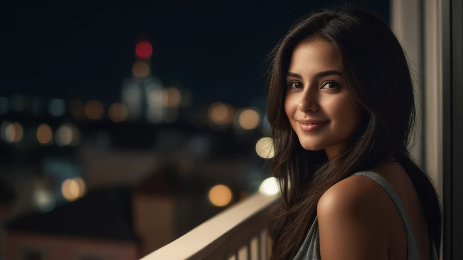 A hyper-realistic photography of a sunny day time of a beautiful caucasian Latina woman, dressed in casual clothes, smiling and looking out from the balcony, with long straight black hair, a flirtatious look, perfect curvy body, brown eyes, brown hair, realistic skin texture, realistic photography.