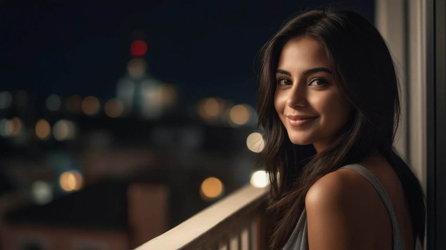 A hyper-realistic photography of a sunny day time of a beautiful caucasian Latina woman, dressed in casual clothes, smiling and looking out from the balcony, with long straight black hair, a flirtatious look, perfect curvy body, brown eyes, brown hair, realistic skin texture, realistic photography.