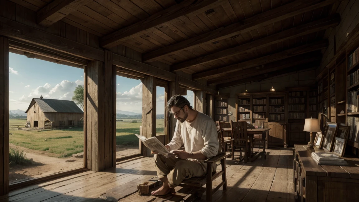 a painting of a man reading a newspaper next to a barn, Ark of Noah, moisés, biblical image, biblical antigo, bible illustration, biblical painting, jeremiah, biblical art, Old Testament, archimedes, epic biblical representation, construction, architect, babel, Directed by: Scott M... Fischer, biblical, library of babel, biblical art style, scholarly, da vinci