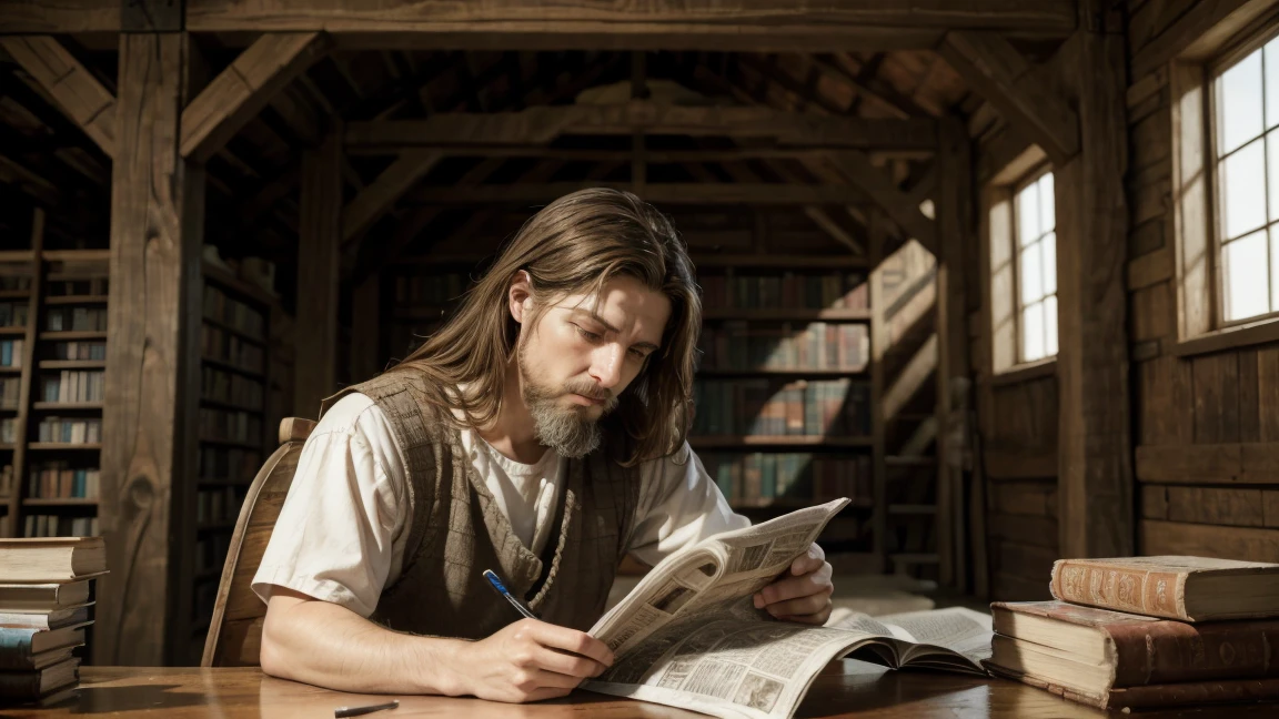 a painting of a man reading a newspaper next to a barn, Ark of Noah, moisés, biblical image, biblical antigo, bible illustration, biblical painting, jeremiah, biblical art, Old Testament, archimedes, epic biblical representation, construction, architect, babel, Directed by: Scott M... Fischer, biblical, library of babel, biblical art style, scholarly, da vinci