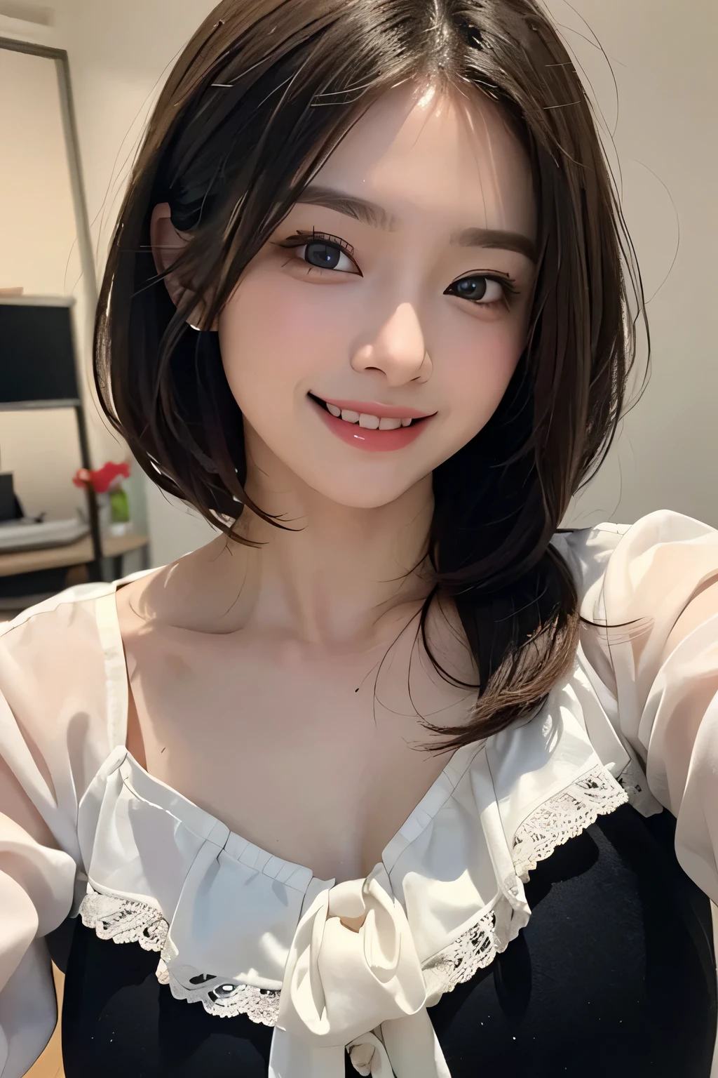 ((masterpiece)), ((Highest quality)), ((Complex)), ((Surreal)), (Realistic), (Mature Woman), ((There are no classes)), Very detailed, (1 female), Beautiful and exquisite, (Beautiful Teeth), Grin, Brunette bob hair, Brown eyes, ((blouse)), (Upper Body), (background:none), Perfect Eyes, Captivating eyes, Looking at the audience