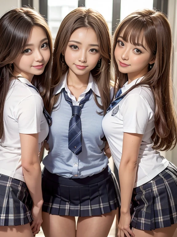 Browsing Caution, ((masterpiece)), ((Highest quality)), (Very detailed), ((cute)), cute, (Multi-point), ((sexy)), (device), ((Very detailed)), 4K, (8k), Highest quality, (beautiful), hyper cute face, shape, Anime Style,hyper Genuineistic, Genuine, Dynamic Angle, ((whole body)), far, Thick outline, Clear contours, at school, (Three Girls, 3 cute girls:1.5), (Schoolgirl uniform :1.5), beautiful light brown hair, beautiful brown eyes, ((beautiful eyes)), (Leaning forward:1.5), Long Hair, Big Breasts, smile