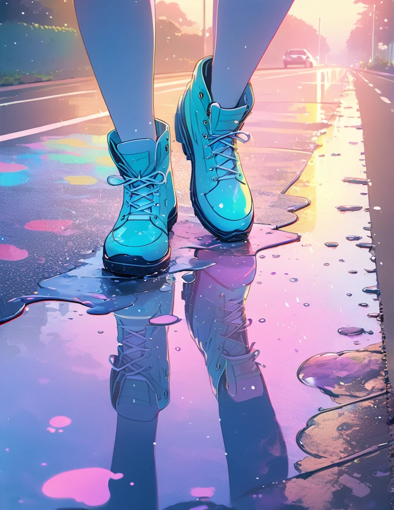 (Anime Style:1.4),A soft touch to painting、超High resolution, Attention to detail, high quality, High resolution, 最high quality, 4K, 8k,Road after the rain、Puddle and girl、Pastel color effect