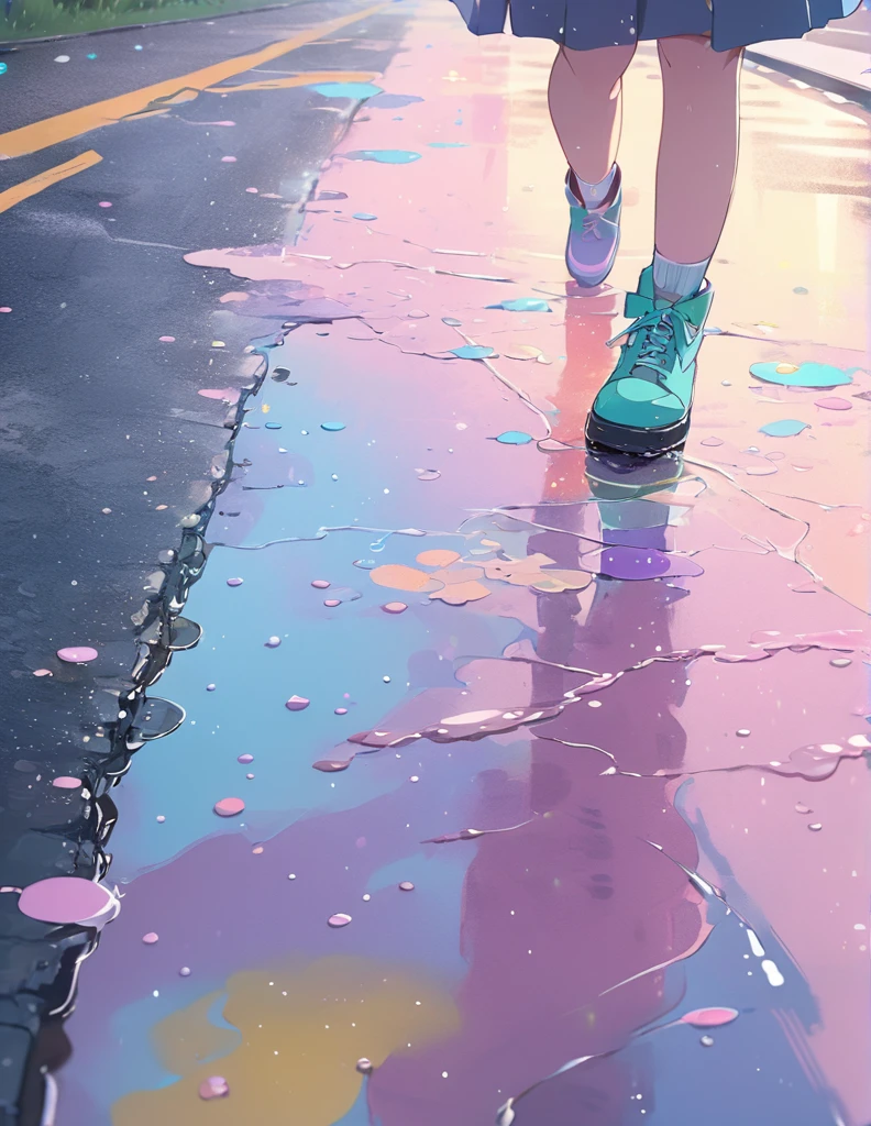 (Anime Style:1.4),A soft touch to painting、超High resolution, Attention to detail, high quality, High resolution, 最high quality, 4K, 8k,Road after the rain、Puddle and girl、Pastel color effect