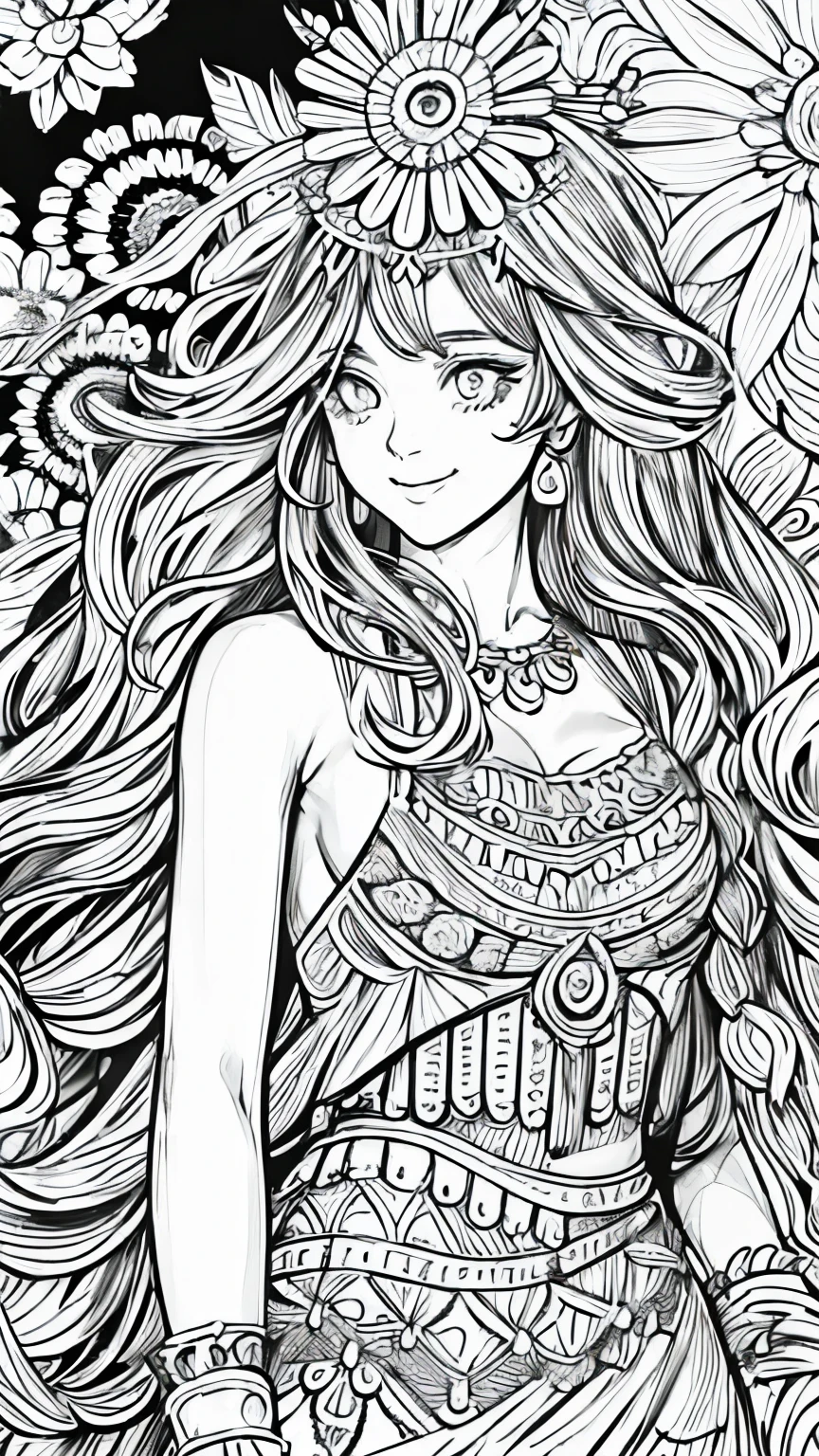 (Black and white coloring book:1.5), masterpiece, Highest quality, (Detailed Background), High Contrast, Highly detailed face, Thigh to head, ((Eyes are clearly defined)), smile,Hair is white, Adopted hippie style、Colorful and free summer dress, Line drawings without color or shading, Beautiful line drawing, The outline is a thick line, Skinny