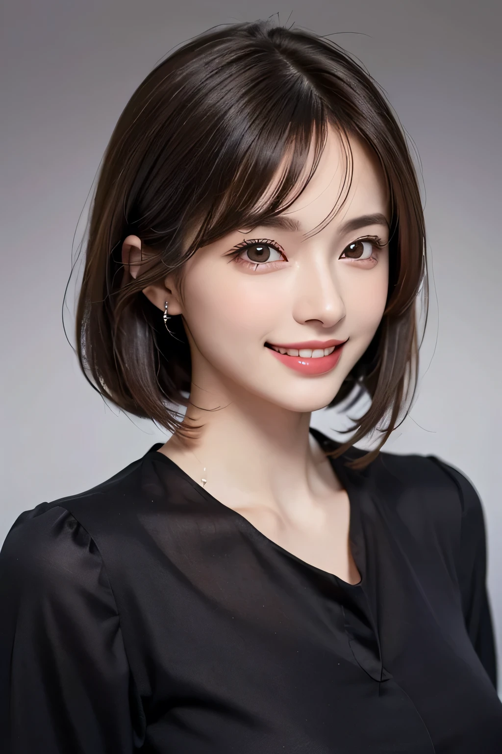 ((masterpiece)), ((Highest quality)), ((Complex)), ((Surreal)), (Realistic), (Mature Woman), ((There are no classes)), Very detailed, (1 female), Beautiful and exquisite, (Beautiful Teeth), Grin, Brunette bob hair, Brown eyes, ((blouse)), (Upper Body), (background:none), Perfect Eyes, Captivating eyes, Looking at the audience