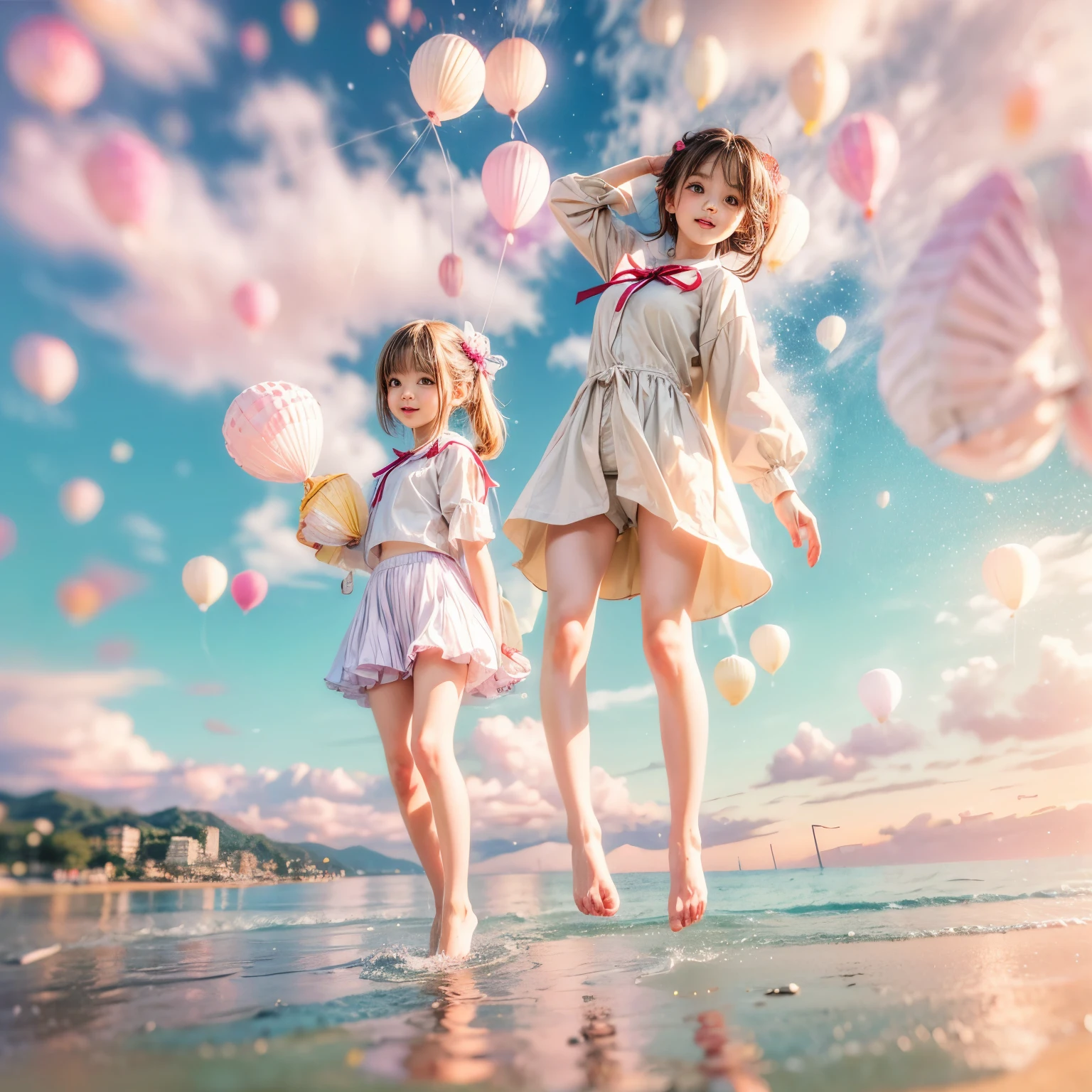 Masterpiece of (ProfessionalPhoto:1.37) ((ExtremelyDetailed (5 PICHIPICHI KAWAII Girls Floating in The Air in a row:1.37) in WHITE at Dusk Enoshima Beach)), {(Standing Full Body:1.2)|(from below:1.2)|Detailed KAWAII face}, Different types of hair colors, {(skinny(school swimwear))|(SchoolUniform)with Tiny AthleticShorts}, {(Corrected Childish hand)|Hidden hand|Different types of breasts|(Clearly Visible the shape of Butt)}, Joyful Expressions LifeLike Rendering, Detailed clothing texture, PerfectLighting, (Dazzling Horizon Visible through ThighGap), (Starry IridescentParticles:1.22) ColorfulClouds . Whole Body proportions and all limbs are anatomically accurate