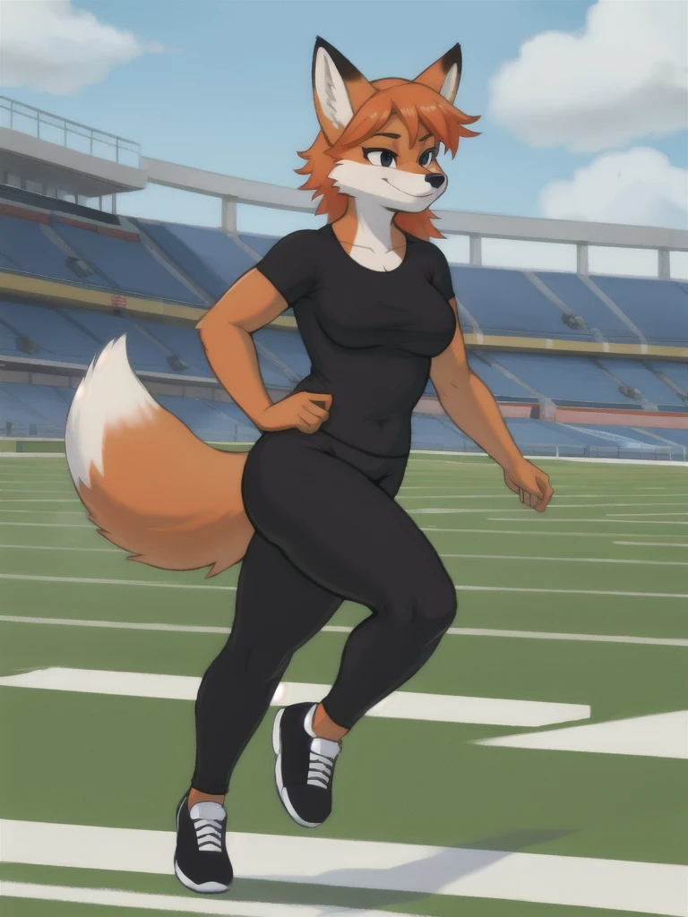 Furry, fox, female, black shirt, black leggings, shoes, running track, solo, full body