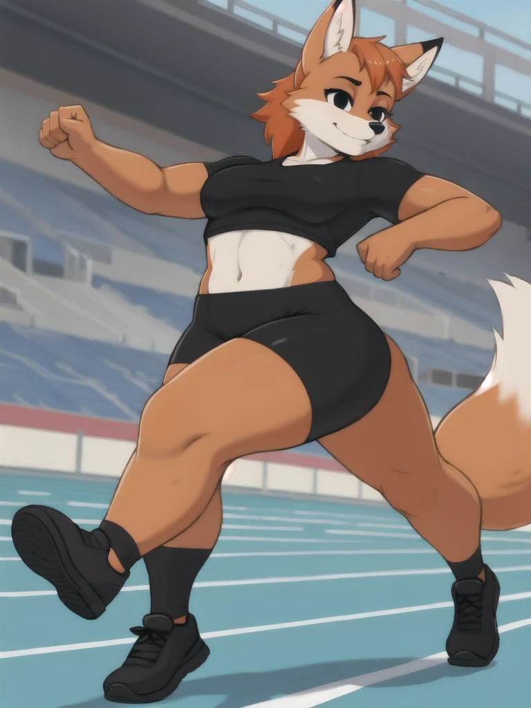 Furry, fox, female, black shirt, black leggings, shoes, running track, solo, full body