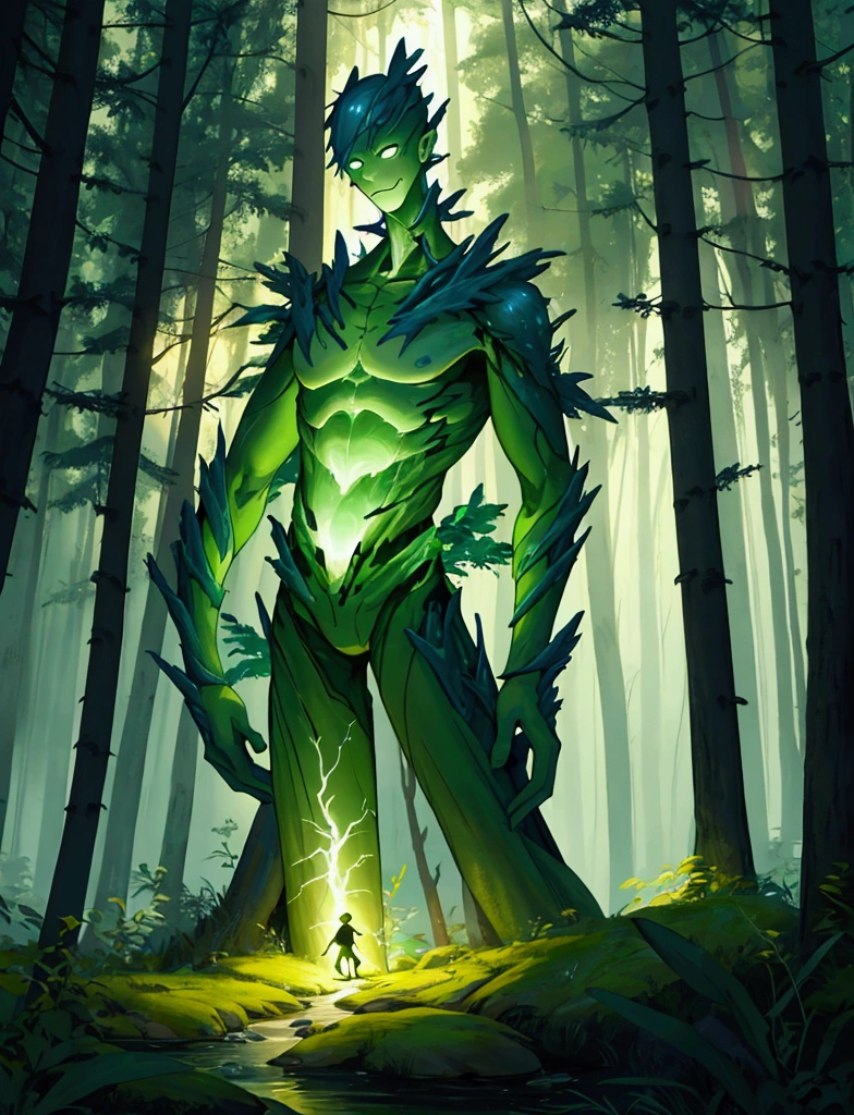 Lightning Elemental yellowStickman Create a whimsical artistic scene where the character should look like he is in a forest. The background should depict a cozy forest setting with warm ambient lighting.