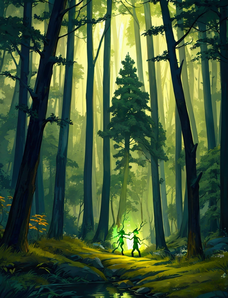 Lightning Elemental yellowStickman Create a whimsical artistic scene where the character should look like he is in a forest. The background should depict a cozy forest setting with warm ambient lighting.