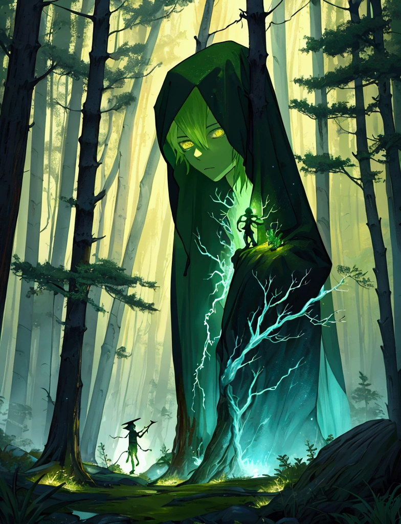 Lightning Elemental yellowStickman Create a whimsical artistic scene where the character should look like he is in a forest. The background should depict a cozy forest setting with warm ambient lighting.