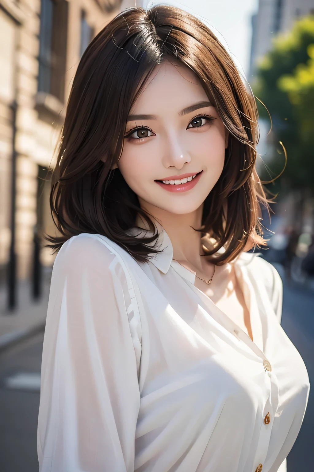 ((masterpiece)), ((Highest quality)), ((Complex)), ((Surreal)), (Realistic), (Mature Woman), ((There are no classes)), Very detailed, (1 female), Beautiful and exquisite, (Beautiful Teeth), Grin, Brunette bob hair, Brown eyes, ((blouse)), (Upper Body), (background:none), Perfect Eyes, Captivating eyes, Looking at the audience