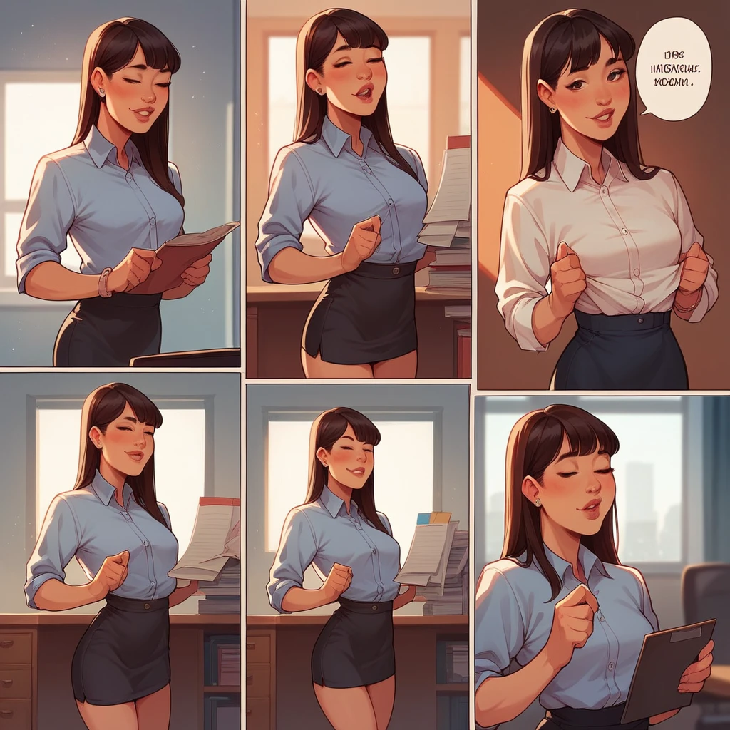 Erotic 6-panel comic, asian woman trying to get promotion by flashing small breasts, seductive, comic, 6 panels, office