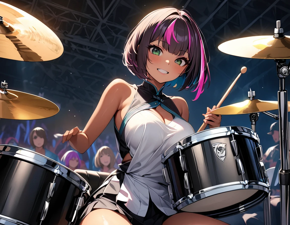 Highest quality、Light blue hair、Short Bob、Deep green eyes、Church at night、slender、Tiger print bikini、Black high heels、Demon Horns、Playing the drums、Drum kit、Sweat flying