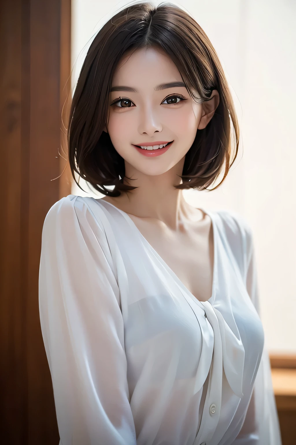 ((masterpiece)), ((Highest quality)), ((Complex)), ((Surreal)), (Realistic), (Mature Woman), ((There are no classes)), Very detailed, (1 female), Beautiful and exquisite, (Beautiful Teeth), Grin, Brunette bob hair, Brown eyes, ((blouse)), (Upper Body), (background:none), Perfect Eyes, Captivating eyes, Looking at the audience