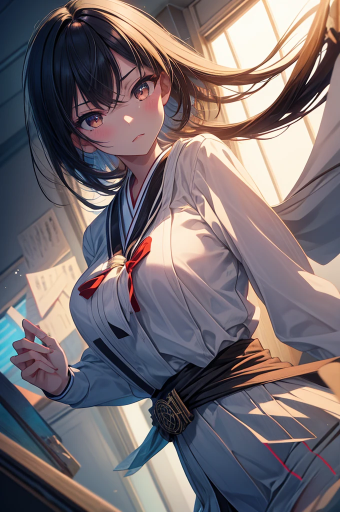 ((masterpiece)), (best quality), (ultra-detailed), 1girl, solo, Japanese high school girl, 17 years old, slender build, 160cm tall, long straight black hair to the waist, black almond-shaped eyes with a slight upward tilt, serious expression, detail lip, standing in the classroom, sunlight streaming through windows, holding textbooks and clipboard, confident posture, determined gaze, a hint of vulnerability in eyes, meticulous appearance, neatly styled hair, realistic fabric textures, soft lighting, depth of field, high contrast, cinematic composition, Rule of thirds composition, Noise-free clean image, High detail, 8K resolution, official art, Splash anime art, Smooth anime CG art, pixiv, Sequential art