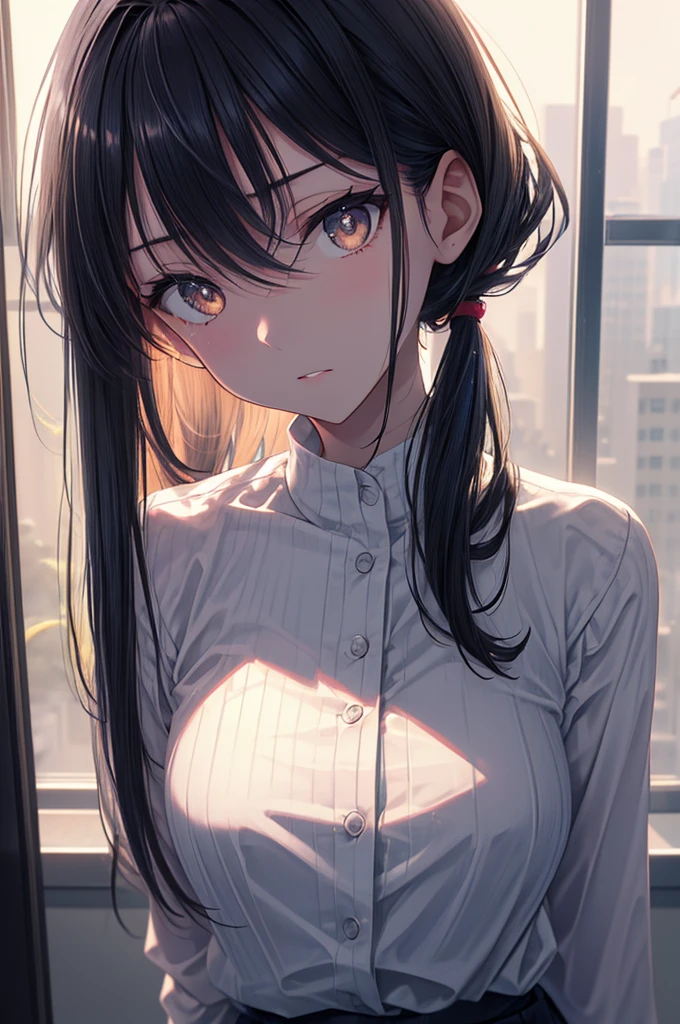 ((masterpiece)), (best quality), (ultra-detailed), 1girl, solo, Japanese high school girl, , slender build, 160cm tall, long straight black hair to the waist, black almond-shaped eyes with a slight upward tilt, serious expression, detail lip, standing in the classroom, sunlight streaming through windows, holding textbooks and clipboard, confident posture, determined gaze, a hint of vulnerability in eyes, meticulous appearance, neatly styled hair, realistic fabric textures, soft lighting, depth of field, high contrast, cinematic composition, Rule of thirds composition, Noise-free clean image, High detail, 8K resolution, official art, Splash anime art, Smooth anime CG art, pixiv, Sequential art