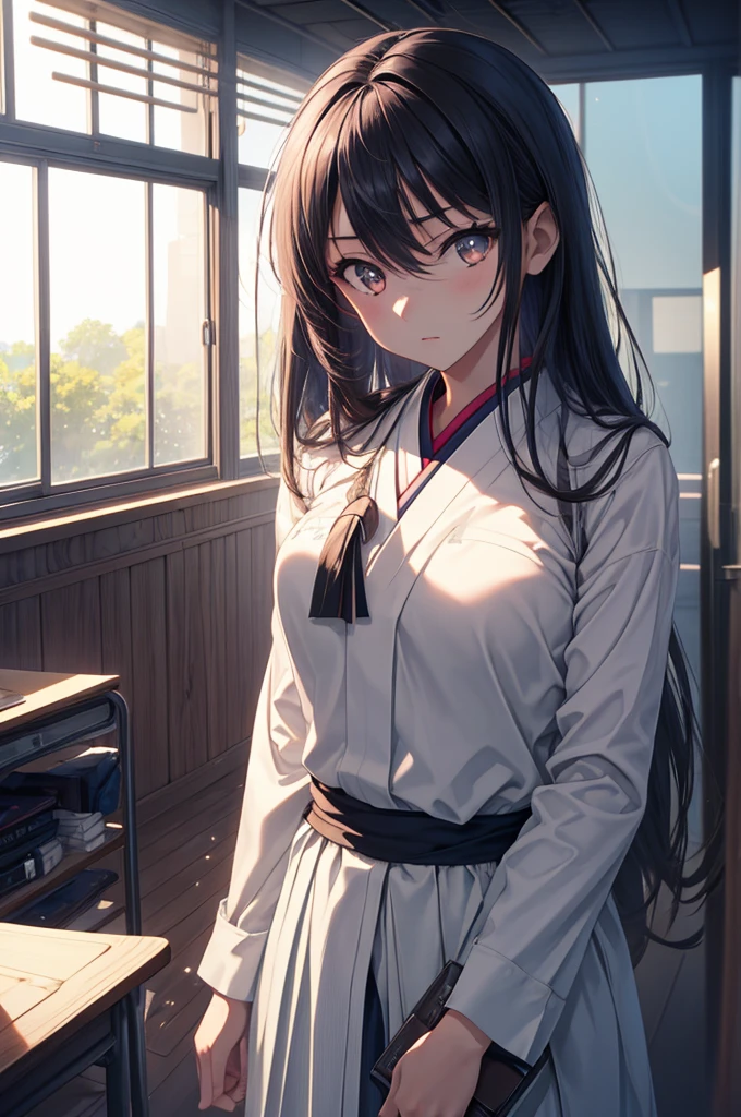 ((masterpiece)), (best quality), (ultra-detailed), 1girl, solo, Japanese high school girl, 17 years old, slender build, 160cm tall, long straight black hair to the waist, black almond-shaped eyes with a slight upward tilt, serious expression, detail lip, standing in the classroom, sunlight streaming through windows, holding textbooks and clipboard, confident posture, determined gaze, a hint of vulnerability in eyes, meticulous appearance, neatly styled hair, realistic fabric textures, soft lighting, depth of field, high contrast, cinematic composition, Rule of thirds composition, Noise-free clean image, High detail, 8K resolution, official art, Splash anime art, Smooth anime CG art, pixiv, Sequential art