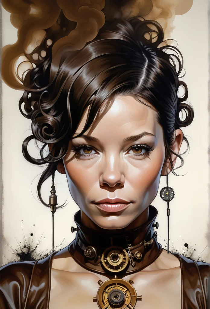 (Evangeline Lilly) is a beautiful charming woman carved out of dark smoke, dressed as a Steampunk girl in brown, circular colored smoke, waves of shadows at night, abstract skull ornaments, pixie back fade haircut, soft colors, flat 4d street art in the style of adrian ghenie, esao andrews, jenny saville , edward hopper, surrealism, james jean dark, takato yamamoto, inkpunk minimalism, , detailed symmetrical brown eyes with circular iris, seamless geometric pattern harmony, luminogram, iron gall ink, art by Russ Mills, Sakimichan,, by GIlSam -paio octane rendering depicting innovation and truth, 8k, by Lee Jeffries, depth - Gs studio