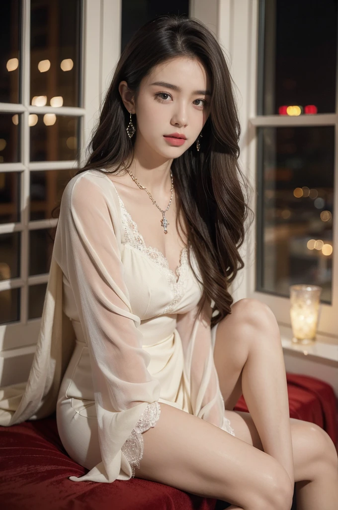 (((best quality))),(((ultra detailed))),(((masterpiece))),illustration,1girl,young,beautiful,woman,luxurious,lacy,nightgown,bustling,cityscape,lavish,hotel,bedroom,allure,sophistication,radiant,complexion,flowing,brunette,hair,enchanting,presence,deep-set,eyes,long,lashes,sensual,lips,slender,figure,intricate,pattern,elegance,porcelain,skin,necklace,diamonds,moonlight,vibrant,colors,skyscrapers,heavens,LED,advertisements,glistening,contrast,serene,ambiance,urban,solitude,window,longing,connection,isolating,poised,demeanor,embrace,mysteries,artist,skilled,brushstrokes,essence,urban,elegance,allure,night,harmonious,blend,sensuality,sophistication,inviting,viewer,dive,enigmatic,charms