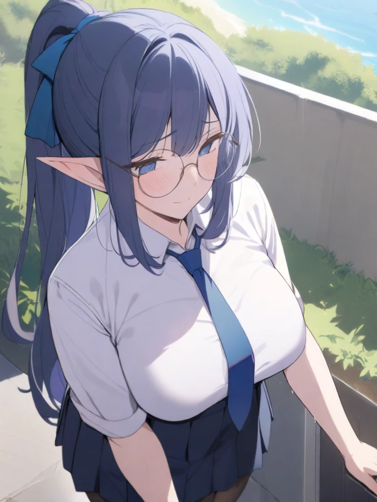 masterpiece, best quality, high quality, beautiful anime character, solo, anime girl with dark blue hair, messy hair, medium length hair, (huge long ponytail, ponytail), blue eyes, elf ears, slightly big breasts, (mature female, tall female), big girl, thick, (calming face, blush, light smile, loving eyes), outdoors, (white shirt, necktie, pleated skirt, pantyhose), slim thick, short medium hair, round glasses,