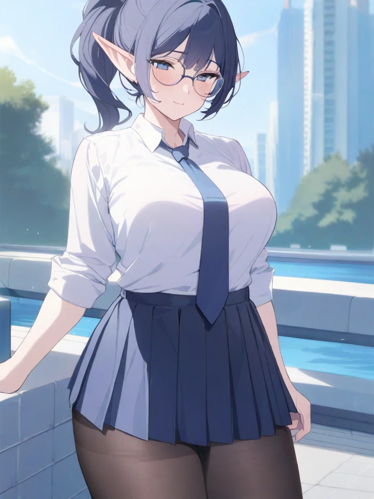masterpiece, best quality, high quality, beautiful anime character, solo, anime girl with dark blue hair, messy hair, medium length hair, (huge long ponytail, ponytail), blue eyes, elf ears, slightly big breasts, (mature female, tall female), big girl, thick, (calming face, blush, light smile, loving eyes), outdoors, (white shirt, necktie, pleated skirt, pantyhose), slim thick, short medium hair, round glasses,